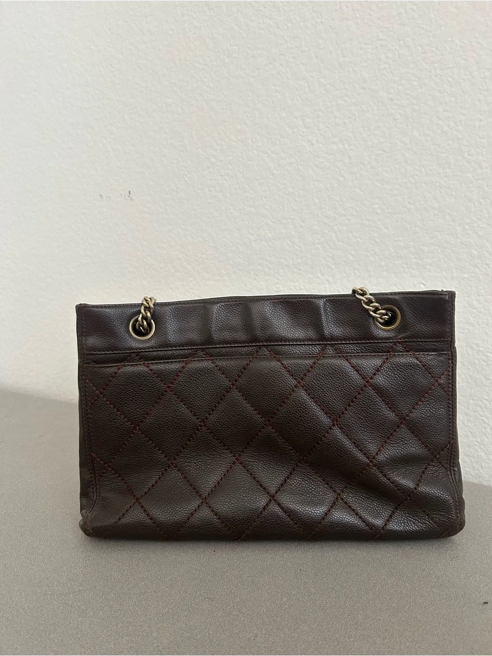 Chanel caviar leather quilted brown small tote handbag